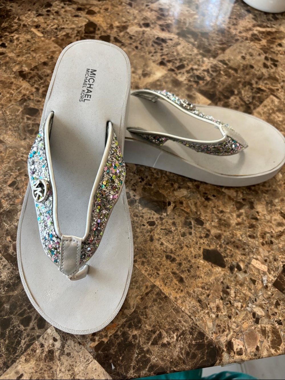 Michael Kors Iridescent Glitter Thong Sandals - Silver